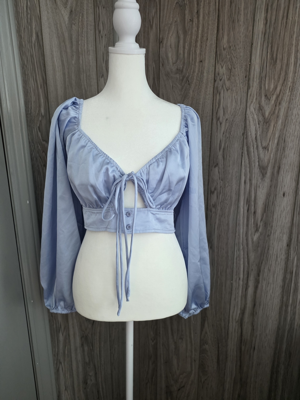 Blush Light Blue Long Sleeve Tie-Front Crop Top